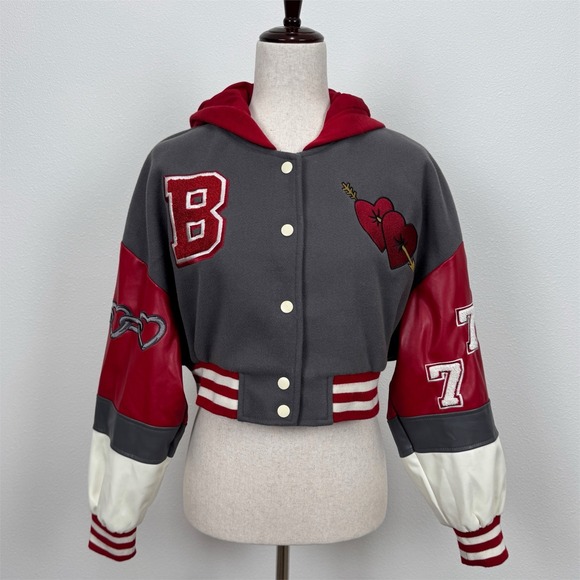 Forever 21 Varsity Jacket Womens Small Red Crop Baby Girl Y2K‎ Bratz Streetwear - Picture 2 of 14